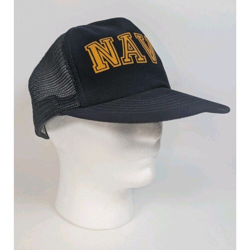 Vintage USA Made NAVY Trucker Hat Snapback Mesh Cap Navy Yellow Military OSFA
